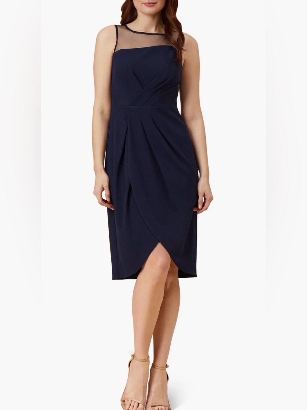 Adrianna Papell size 6 dress draped crepe illusion sheath midnight blue stretch